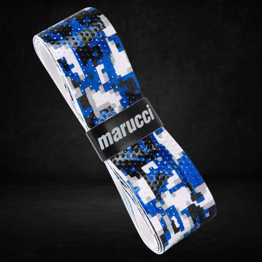 A roll of batting grip tape in a blue digital camouflage pattern with the "marucci" brand label in black.