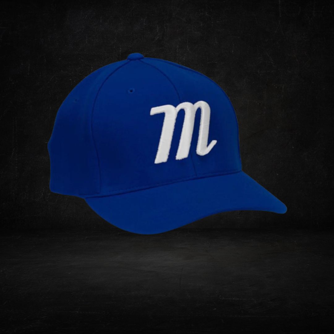 A royal blue baseball cap with a white "m" logo on the front for Marucci.