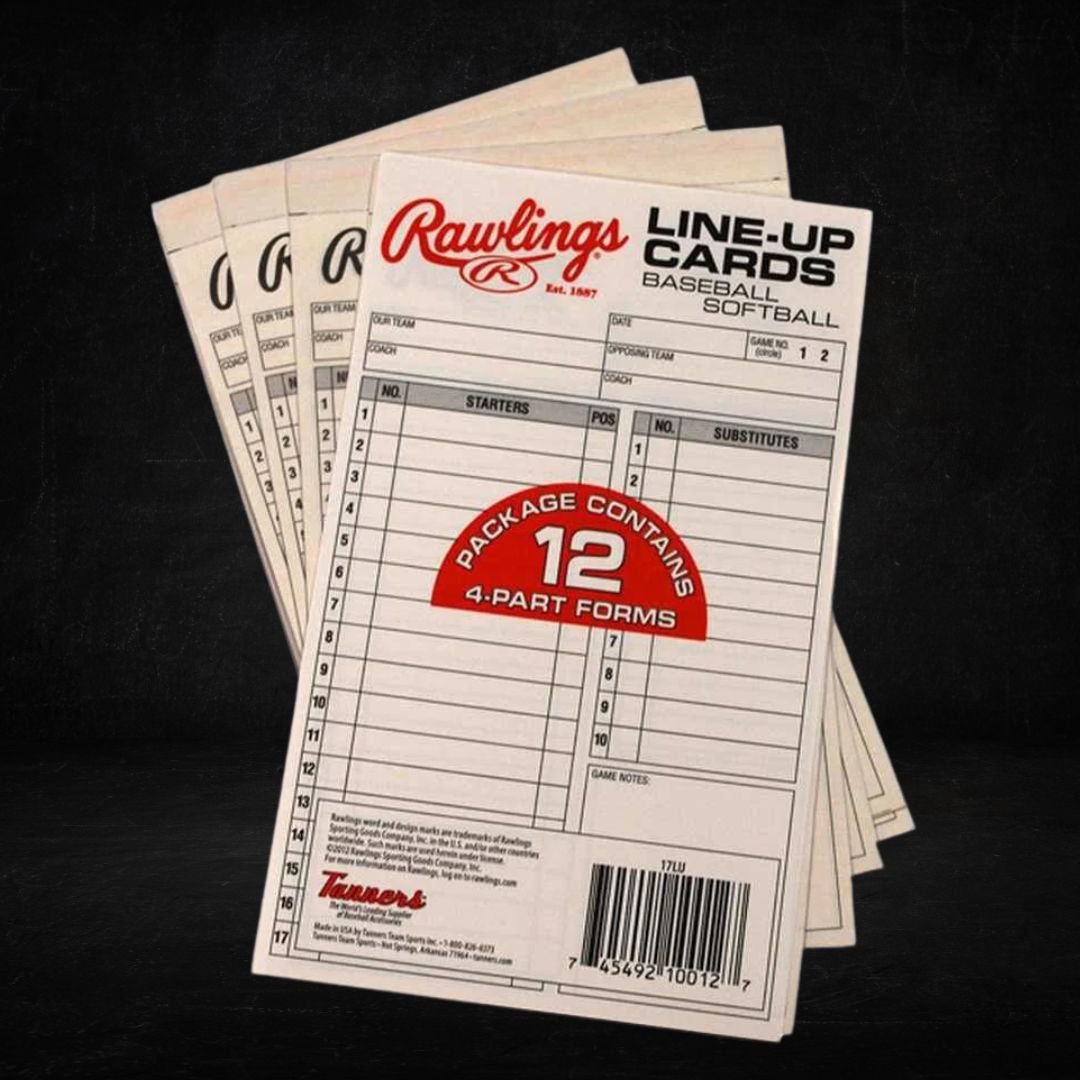 A stack of Rawlings line-up cards for baseball or softball, indicating a package containing 12 four-part forms with space for listing player numbers, positions, and game notes.