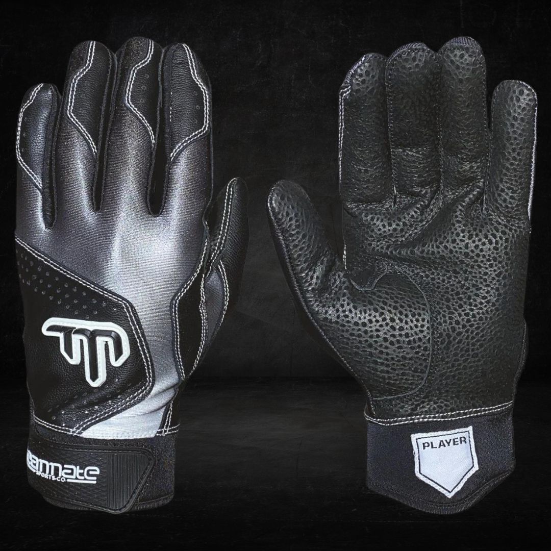 A pair of silver and black batting gloves with a white "Teammate" logo on the backhand and "teammate" branding on the wrist strap.