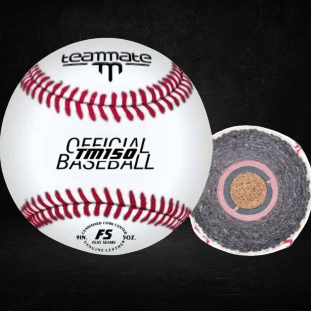 A white baseball with red stitching featuring "teammate" branding and "OFFICIAL TM150 BASEBALL" text, next to a cross-section showing the layered construction.