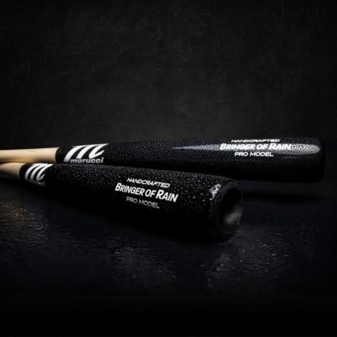 Two black baseball bats with a "marucci" logo, labeled as the "Bringer of Rain" pro model.