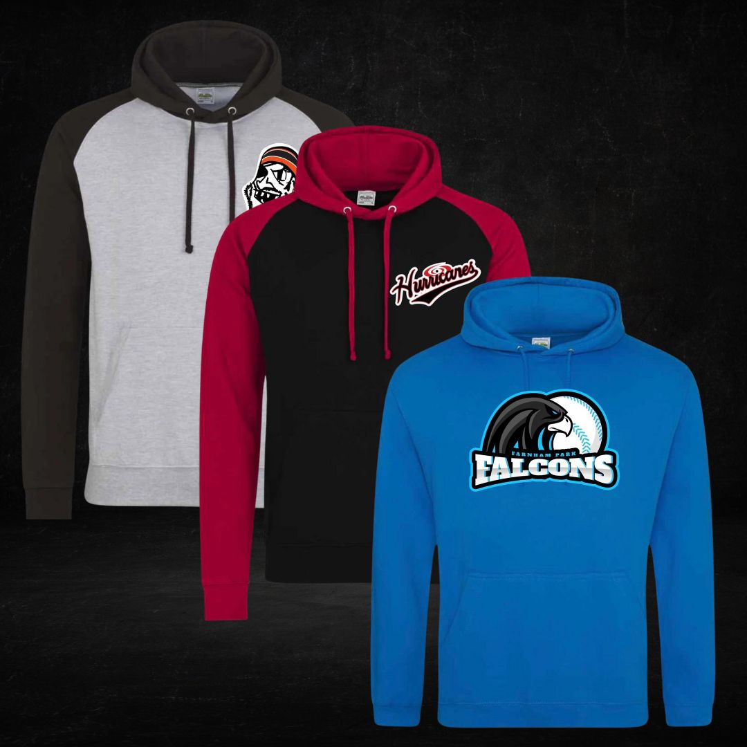 A collection of three hooded sweatshirts: showing 3 different team logos on each
