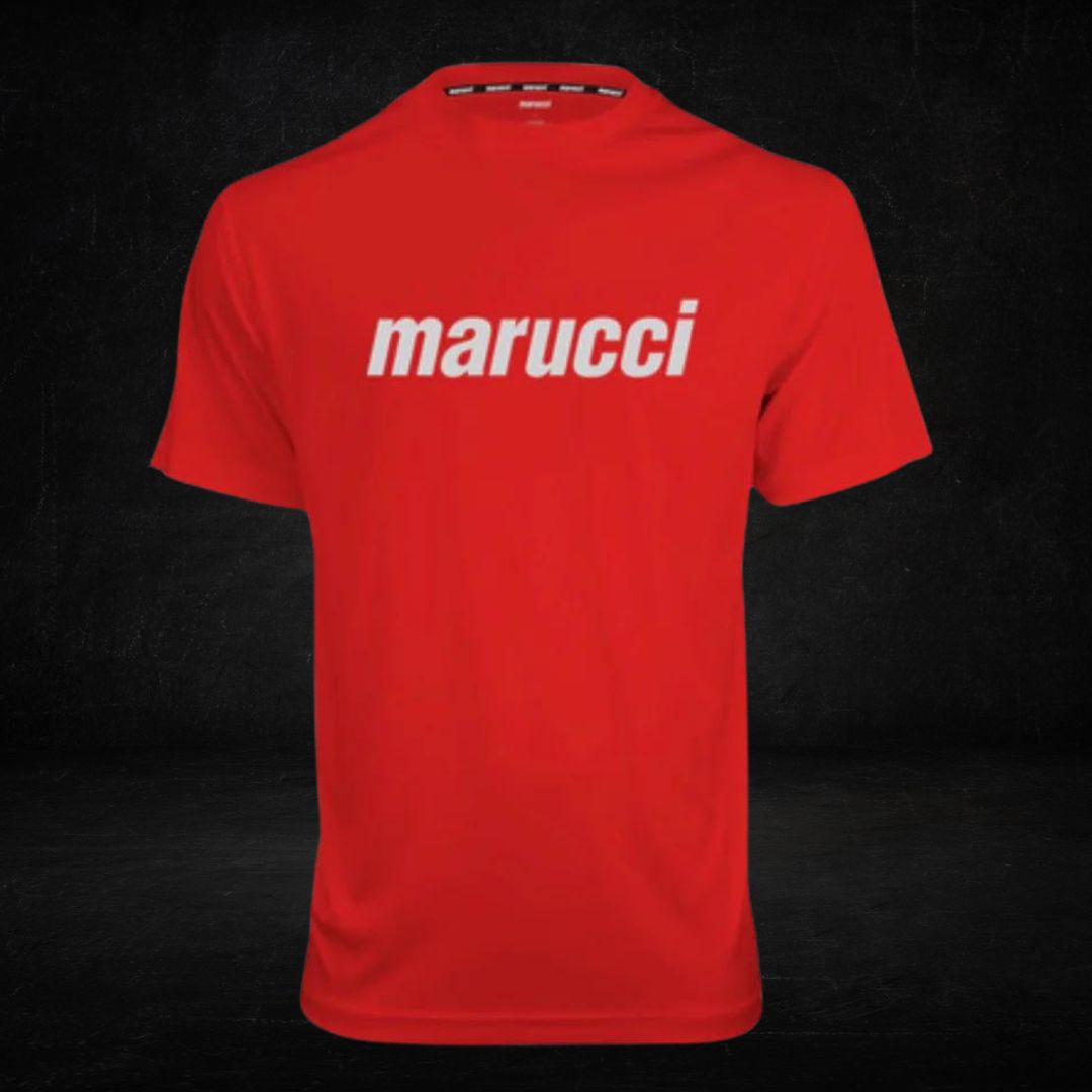 A red short-sleeved T-shirt with the brand name "marucci" printed in white across the chest.